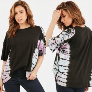 Chrysanthemum Oversized Tie Dye Cotton Tee Black Pink & Blue Tie Dye Small